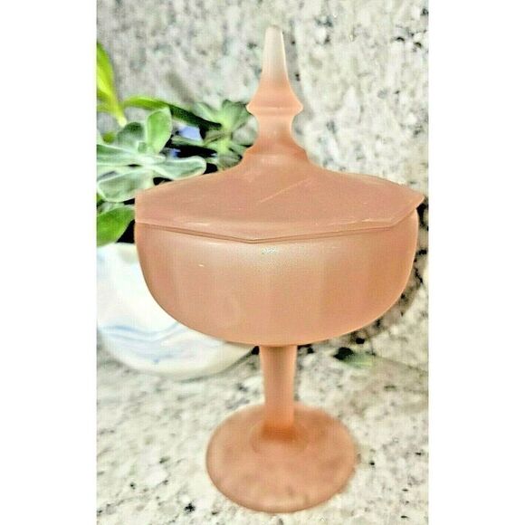 Frosted Pink Satin Glass Candy Dish with Lid Pink‎ 9" Tall Vintage - Picture 2 of 5